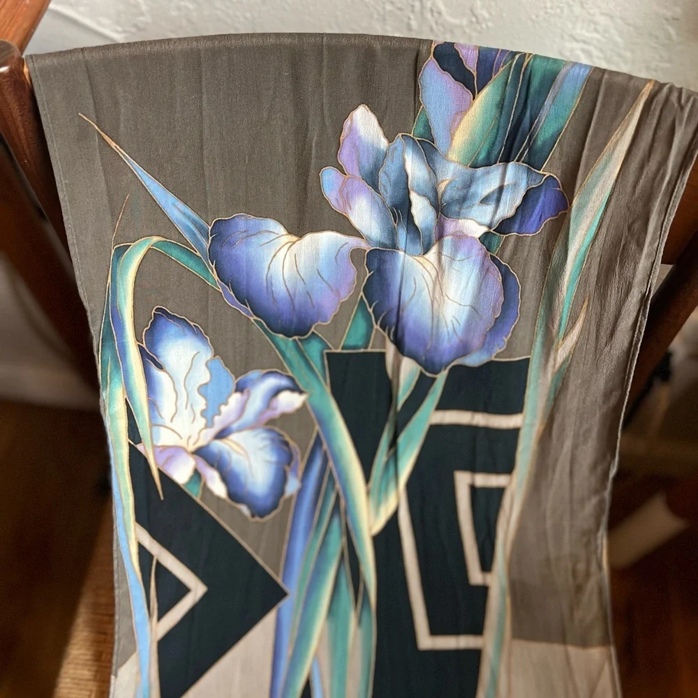 Hand Painted Silk Iris Scarf 100% Natural Silk Wearable Art Long Floral Wrap
